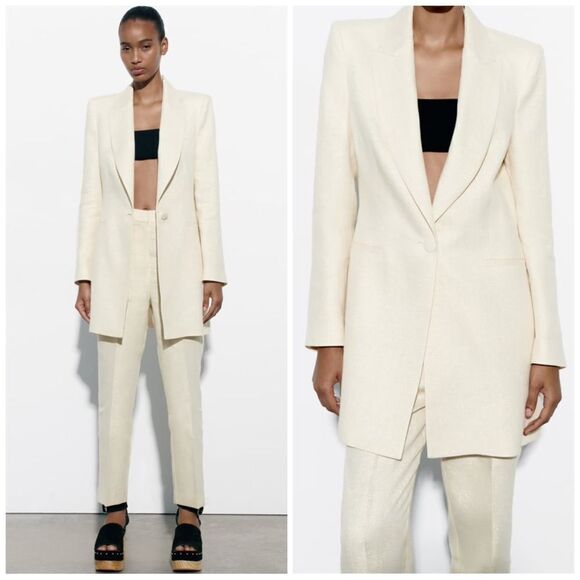 Zara 87% Linen Metallic Thread Co-Ord SET Blazer Jacket Pants New - Picture 1 of 3